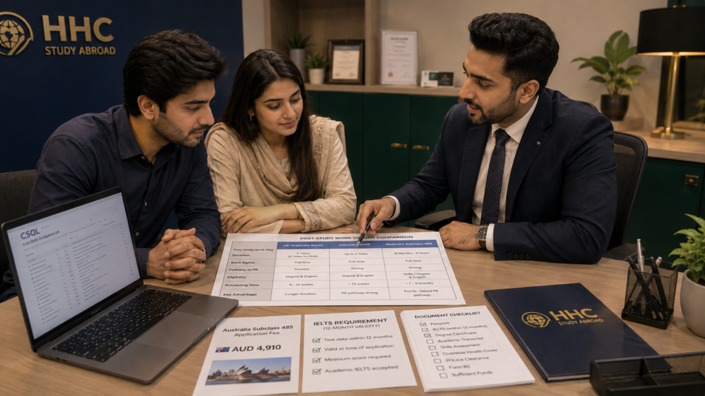 HHC consultant comparing UK Graduate Route, Canada PGWP, and Australia 485 with Pakistani couple.