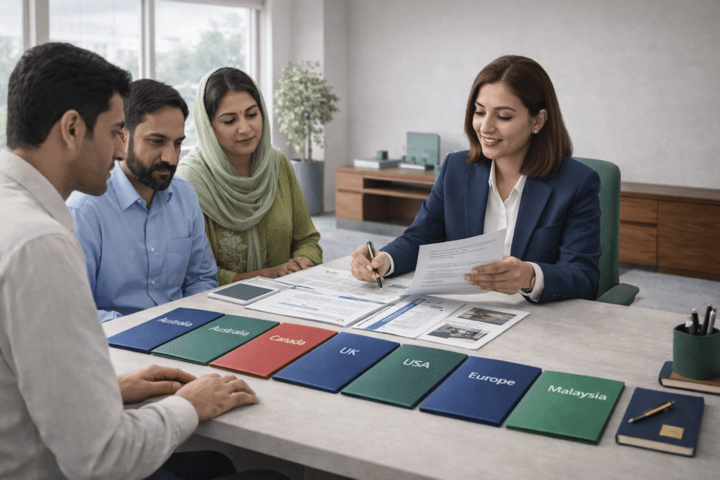 Pakistani student and parents meeting with a female study abroad consultant in a modern Lahore office, reviewing destination folders for Australia, Canada, UK, USA, Europe, and Malaysia across a clean desk with application paperwork.