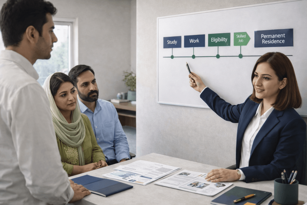 Female study abroad consultant explaining a roadmap board to a Pakistani student and parents in a modern Lahore office, showing the stages Study, Work, Eligibility, Skilled Job, and Permanent Residence during a professional counseling session.