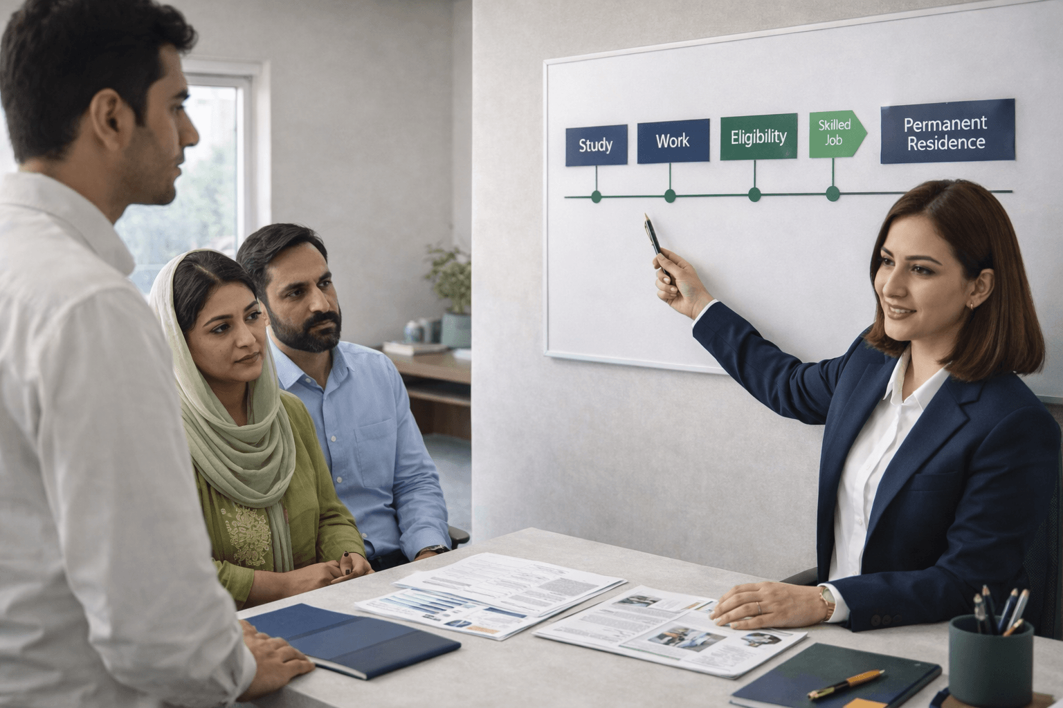Female study abroad consultant explaining a roadmap board to a Pakistani student and parents in a modern Lahore office, showing the stages Study, Work, Eligibility, Skilled Job, and Permanent Residence during a professional counseling session.