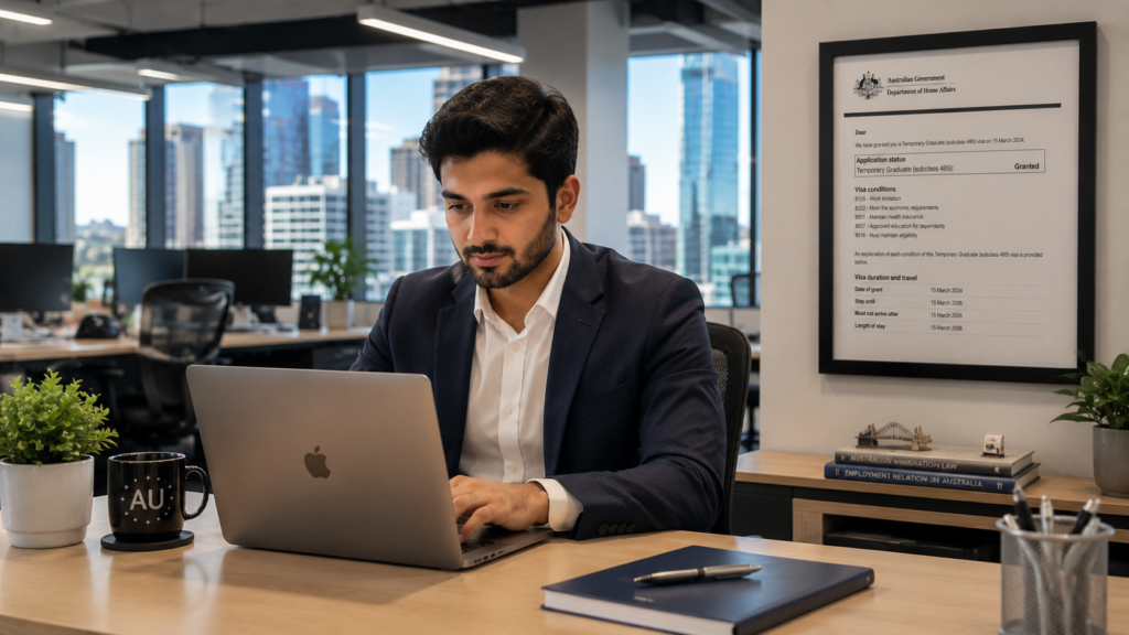 Pakistani engineer working in Australian office on Subclass 485, grant letter framed on wall. After fees section.