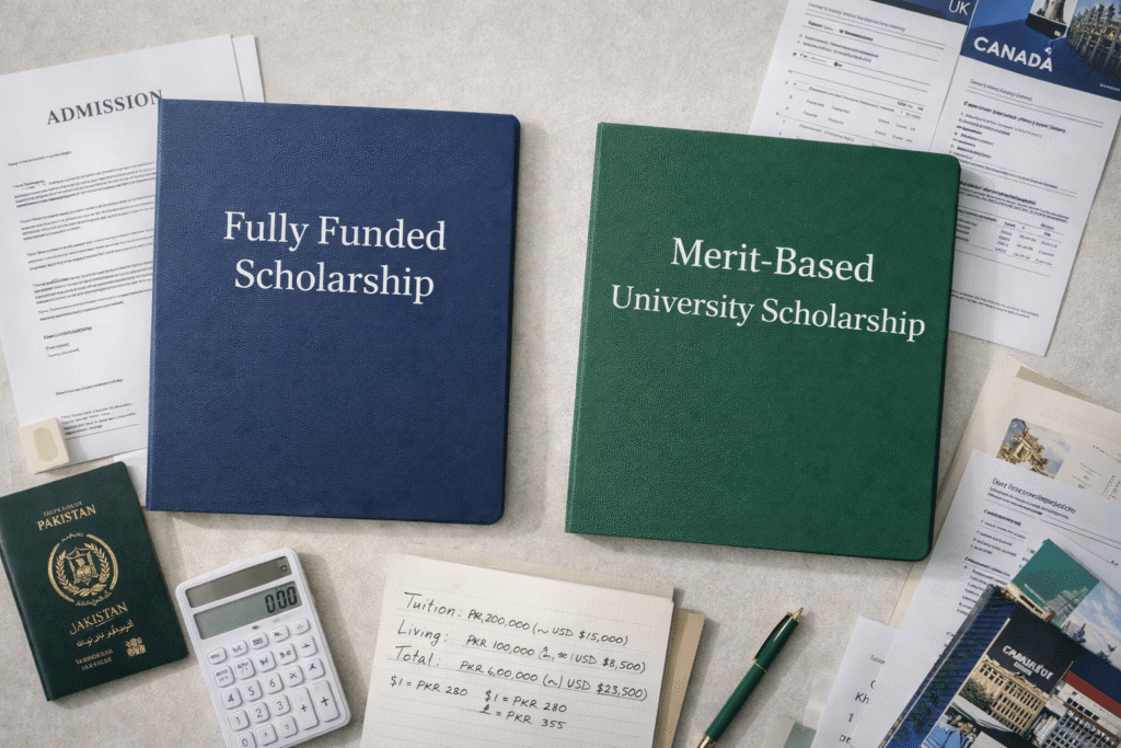Top-down flat-lay of two scholarship folders labeled Fully Funded Scholarship and Merit-Based University Scholarship on a premium desk, surrounded by admission papers, academic transcripts, a Pakistani passport, a calculator, university brochures, and handwritten budget notes in Pakistani rupees and foreign currency.