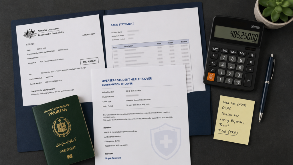 Australian student visa financial documents — visa fee, bank statement, OSHC confirmation for Pakistani applicant.