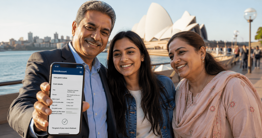 Pakistani family reunited in Australia, with father showing the ImmiAccount visa grant letter on his phone at a Sydney landmark.
