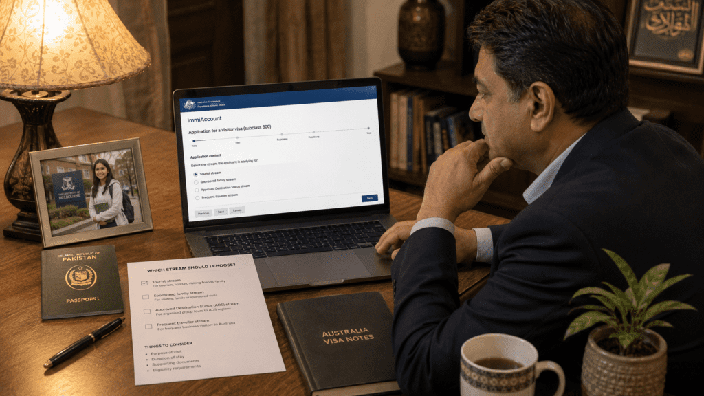 Pakistani father reviewing the Australia ImmiAccount Subclass 600 stream selection page on his laptop at home in Lahore