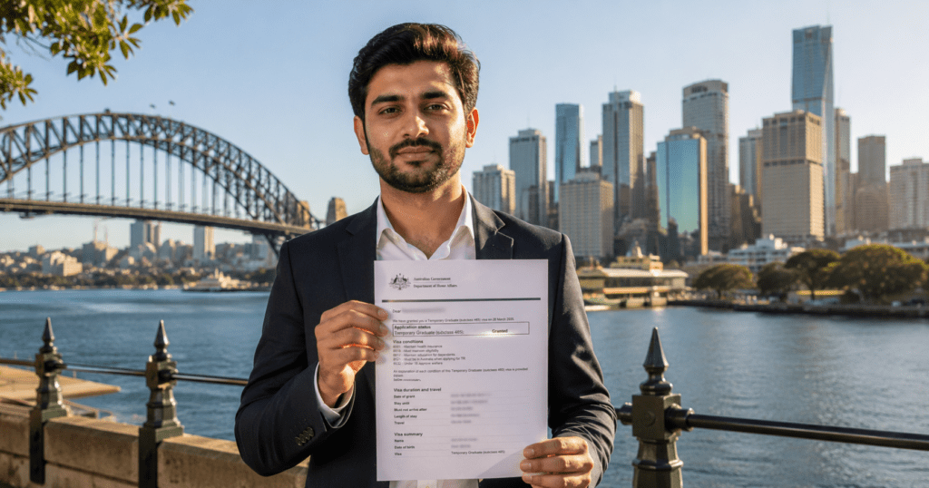 Pakistani graduate holding Australia Subclass 485 Temporary Graduate visa grant letter with Australian city skyline