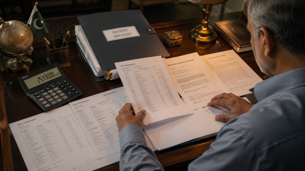Pakistani parent organising 6-month financial documentation for an Australian student visa application.
