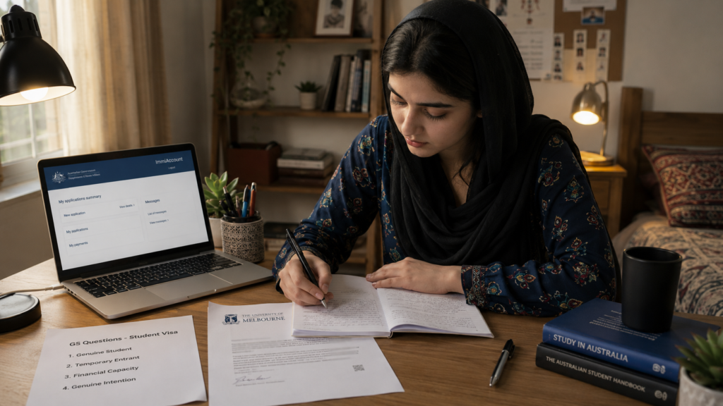 Pakistani student carefully drafting her Genuine Student (GS) questionnaire responses for the Australian student visa.