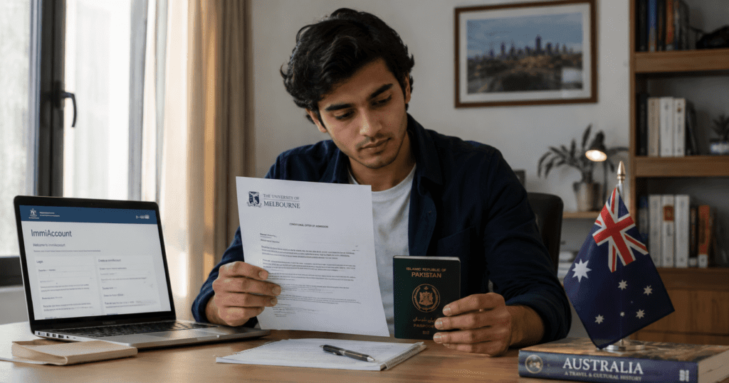 Pakistani student reviewing Australian university offer letter and DHA visa application at home in Lahore